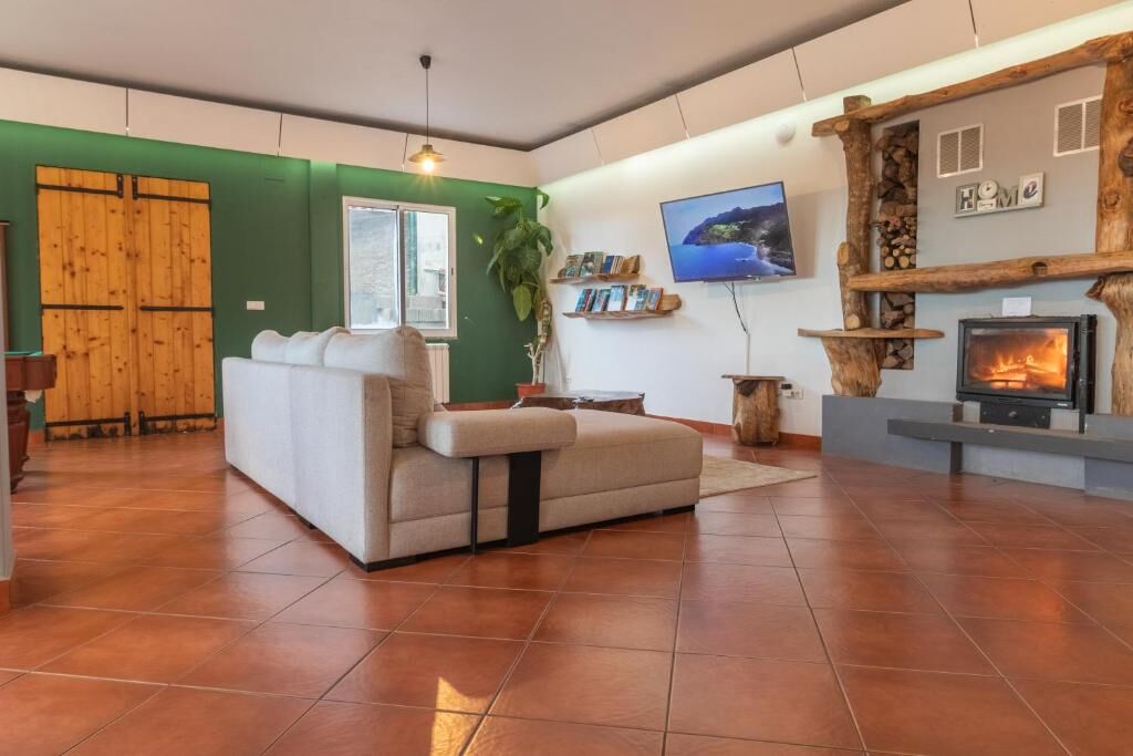 Sofa and wood-burning fireplace